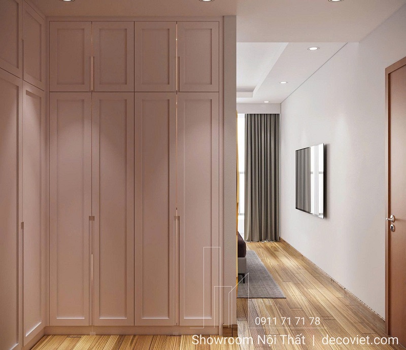 Hệ tủ áo cao kịch trần thiết kế âm tường, sơn màu hồng nude pastel