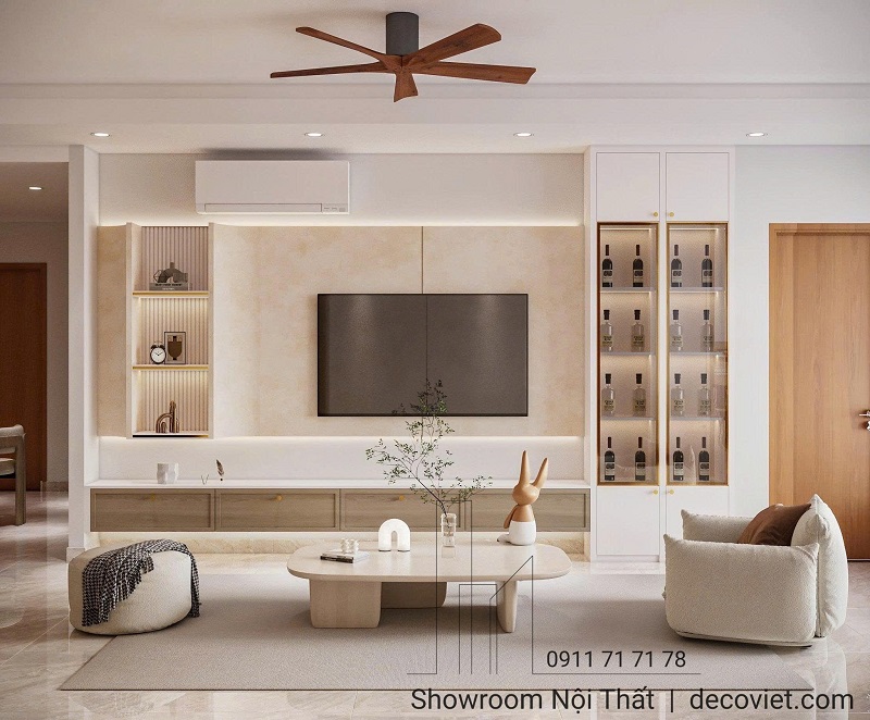 Thiết kế kệ tivi âm tường và tủ rượu trưng bày cánh kính viền đồng sang trọng