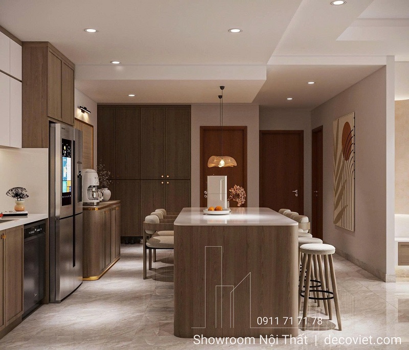 Sự phân chia thông minh giữa các khu vực: từ bàn đảo bếp, đến bàn ăn và tủ âm tường sau cùng