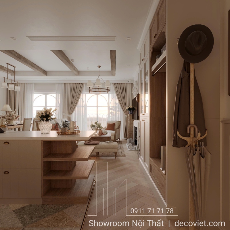 Thiết kế nội thất chung cư Sunrise 2PN với bảng màu be – trắng – gỗ đặc trưng phong cách farmhouse