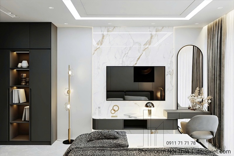 Bàn trang điểm nhỏ gọn kết hợp kệ tivi tiện lợi, gọn gàng đối diện giường ngủ.