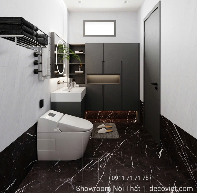 Bố trí lavabo và bồn cầu hợp lý, tiện nghi trong không gian nhỏ.