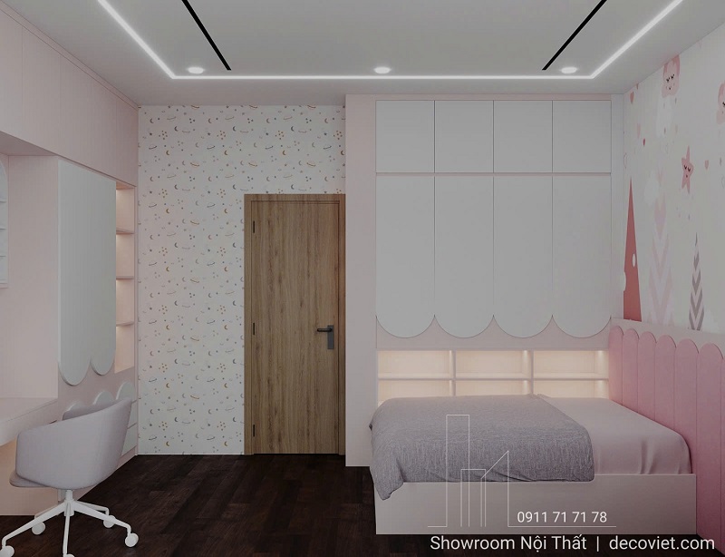 Giường ngủ nhỏ gọn cho bé gái trong không gian phòng sáng và thoáng