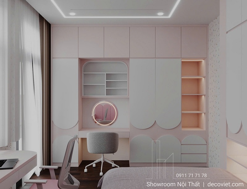 Tủ quần áo liền bàn học tiện dụng trong phòng ngủ bé gái nhà phố