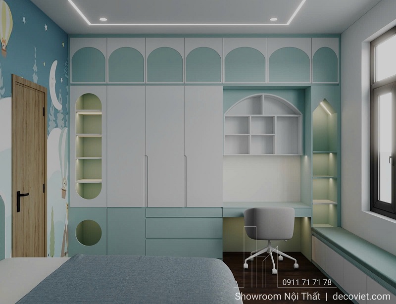 Tủ áo liền bàn học thông minh trong phòng bé trai nhà phố Quận 9