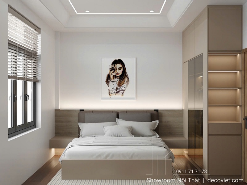 Phòng ngủ master nhà phố 3 phòng ngủ với tông màu be nâu ấm cúng