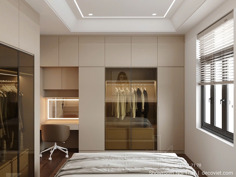 Tủ áo âm tường cánh kính, thiết kế kịch trần cho phòng ngủ master sang trọng