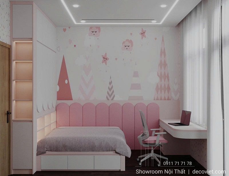 Phòng ngủ bé gái tone hồng pastel dễ thương, thiết kế nhẹ nhàng hiện đại