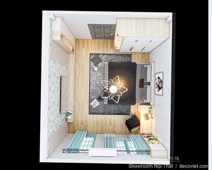 Tổng thể bố trí nội thất phòng ngủ master hiện đại, gọn gàng và tiện nghi