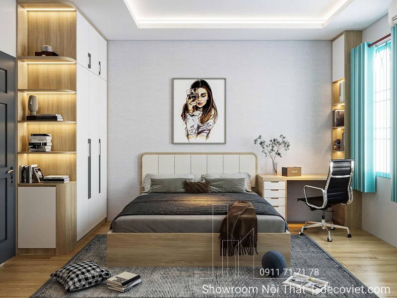 Phối cảnh từ trên cao thể hiện rõ sự tối ưu không gian trong phòng ngủ master