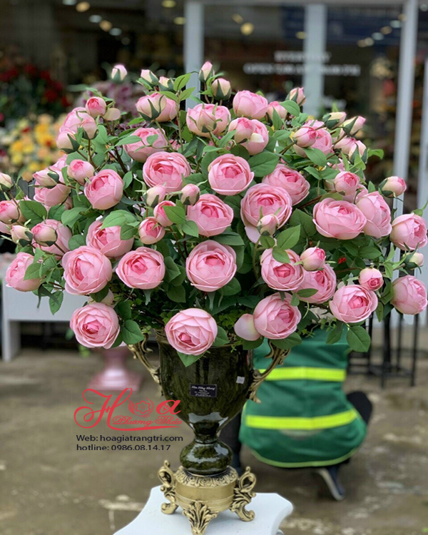 Hoa lụa cao cấp, bình hoa trà lụa màu hồng