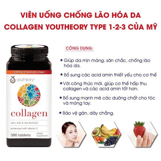 Viên Uống Collagen Youtheory Viên Uống Đẹp Da - Chống Lão Hóa Collagen Youtheory Type 1 2 3 390 Của Mỹ (Mẫu Mới ) 5.0