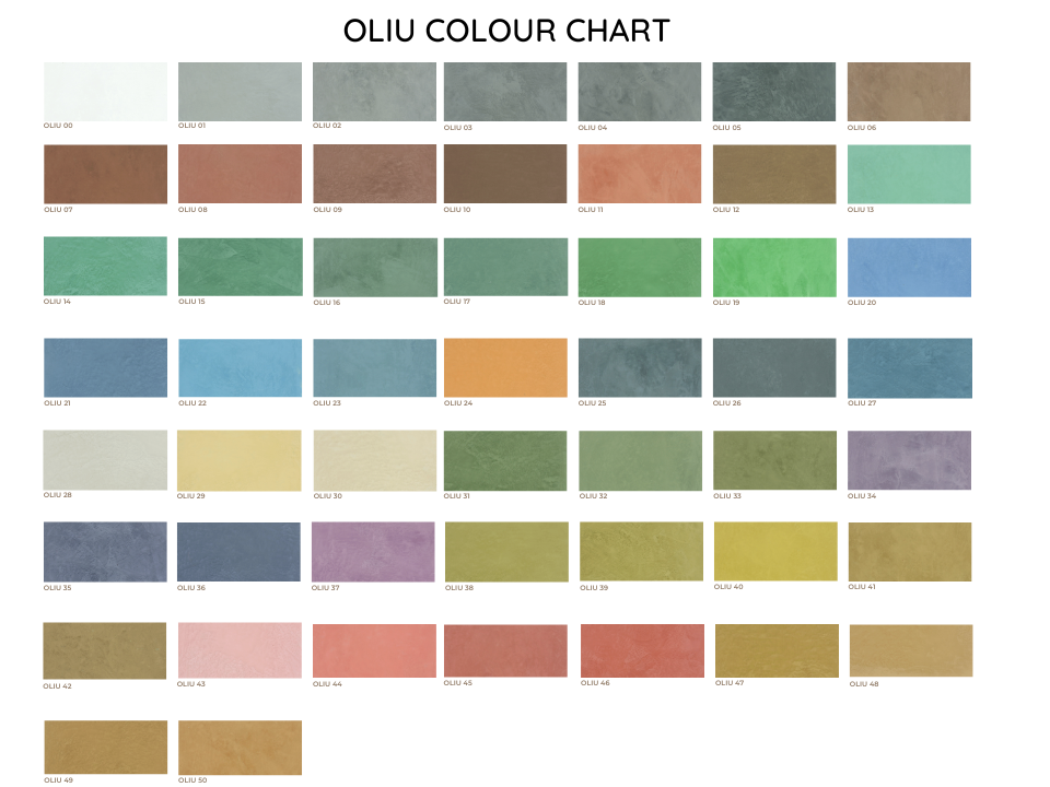 Bảng màu của sơn hiệu ứng Oliu, có thể lựa chọn pha màu riêng nếu khối lượng đủ lớn