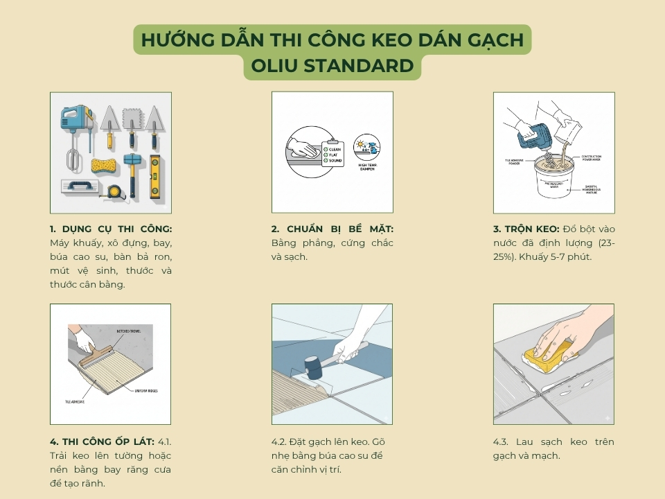Các bước thi công keo dán gạch Oliu Standard