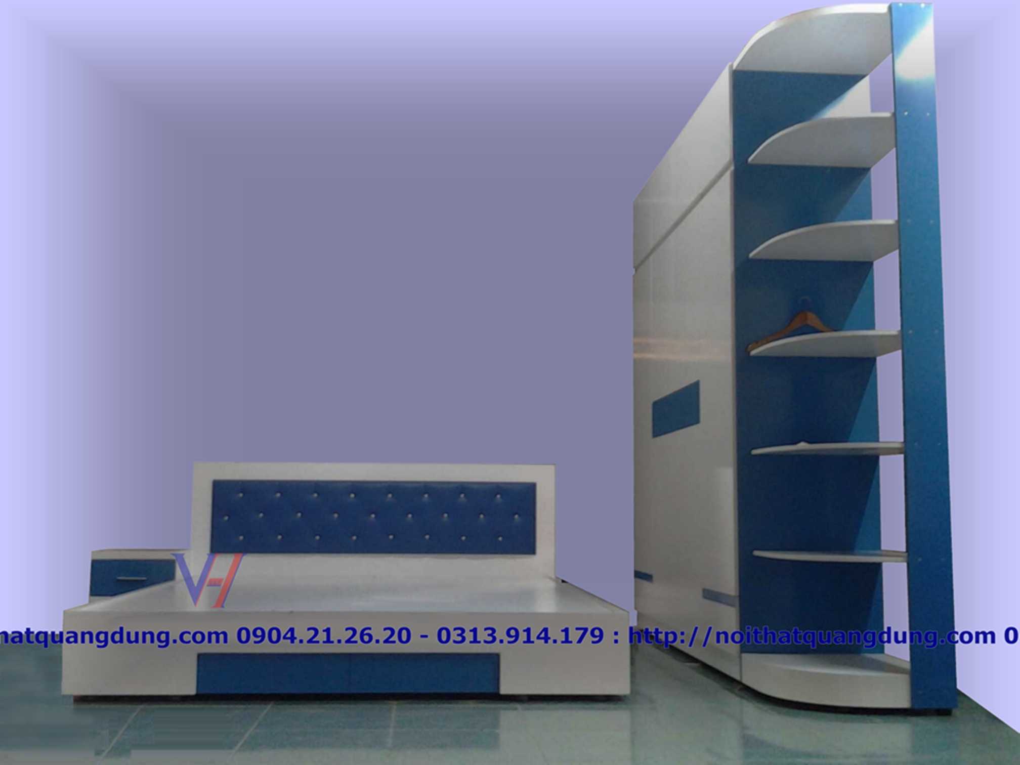 bộ giường tủ màu trắng phối xanh