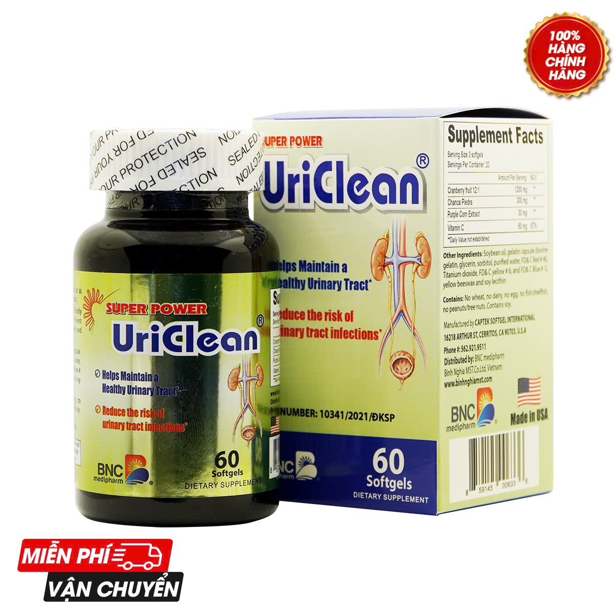 Super Power UriClean - Giúp trị viêm nhiễm hệ tiết niệu - Captek - Lọ 30 viên, 60 viên