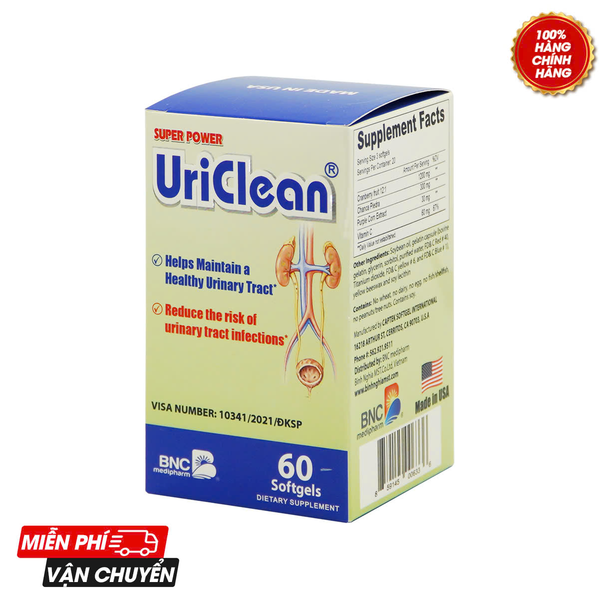 Super Power UriClean - Giúp trị viêm nhiễm hệ tiết niệu - Captek - Lọ 30 viên, 60 viên