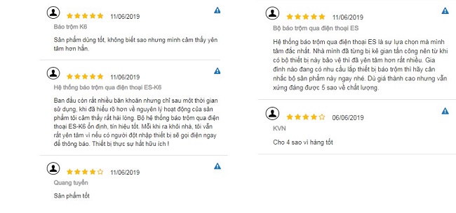 Review của khách hàng sau khi dùng bộ chống trộm qua điện thoại ES
