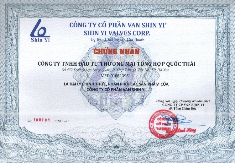 Chứng nhận là đại lý chính thức, phân phối các sản phẩm của CTCP Van Shin Yi