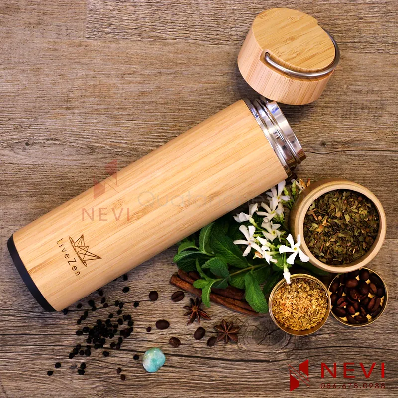 bình nước vỏ tre giữ nhiệt nóng, lạnh sử dụng pha trà thảo mộc, làm quà tặng ý nghĩa, cung cấp bởi Quà tặng Nevi