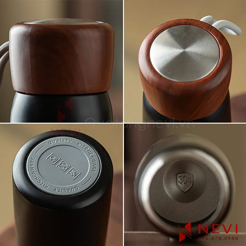 bình giữ nhiệt có nắp nhựa vân gỗ, quai dây cao su, ruột bình inox 304 và đế dán silicon, được cung cấp bởi Quà tặng Nevi
