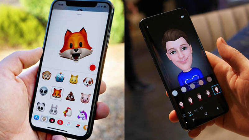 Animoji trên iPhone X (trái) và AR Moji trên Galaxy S9 (phải)