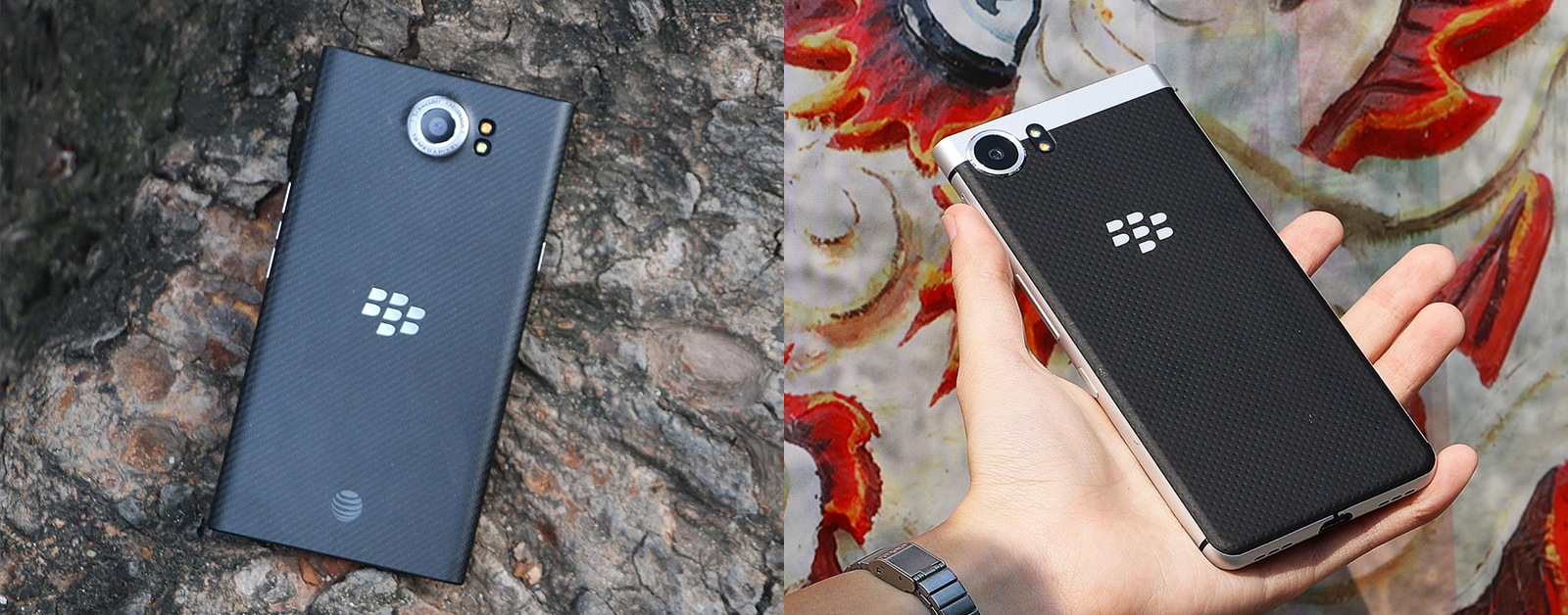 Thiết kế mặt lưng của hai siêu phẩm Blackberry Priv (trái) và Blackberry KEYone (phải)