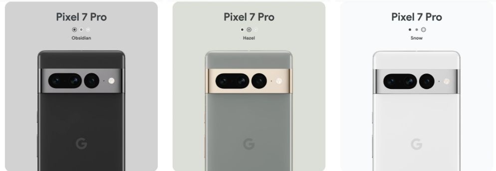 Điện thoại Pixel 7 Pro với 3 phiên bản màu sắc 