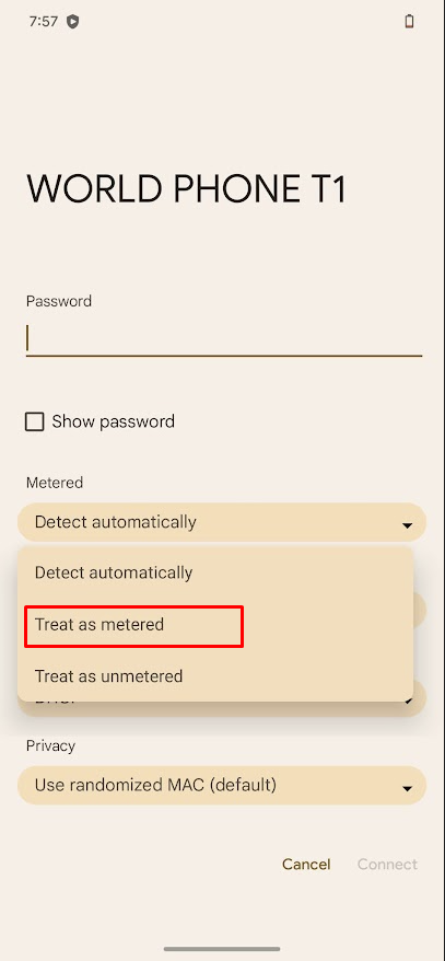 Khi đăng nhập lần đầu chọn dòng 2 "Treat as metered" như trên ảnh