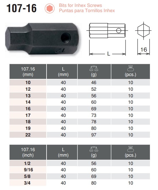 Đầu bits lục giác với thân 16mm, đầu lục giác cỡ 10 đến 22mm