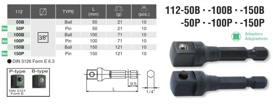 Đầu chuyển bits sang nối khẩu 3/8 inch, Koken 112-50B, thanh chuyển bit sang khẩu 3/8 inch