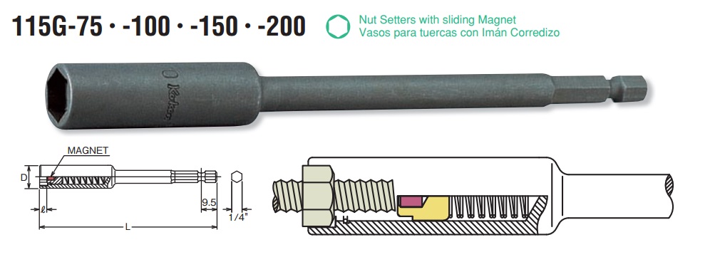 Đầu bits khẩu từ tính, đầu bits dạng tuýp có nam châm, Koken 115G.100-12