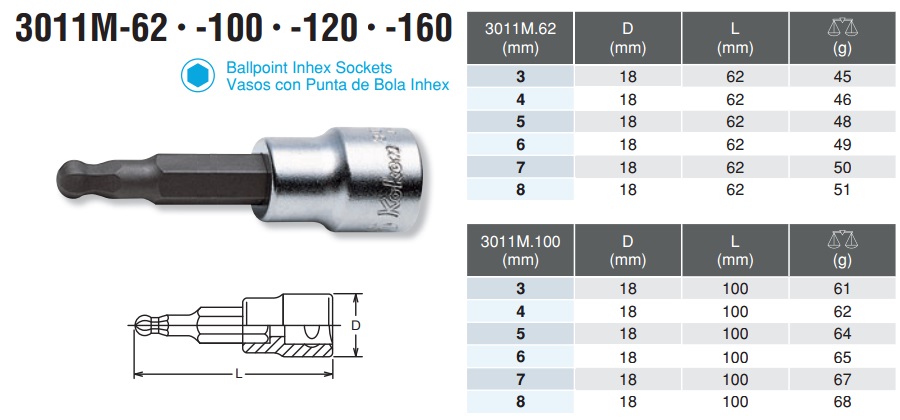 Đầu lục giác chìm, Koken 3011M, lục giác chìm đầu bi, khẩu 3/8 đầu lục giác