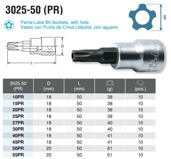 Đầu bits khẩu hình sao 5 cạnh, Koken 3025, 3025.50-30PR, hình sao 5 cạnh có lỗ giữa