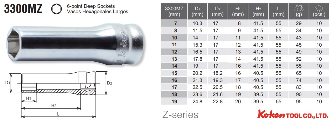 Đầu khẩu dài 3/8 inch Z-series, Koken 3300MZ, 3300MZ Z-series