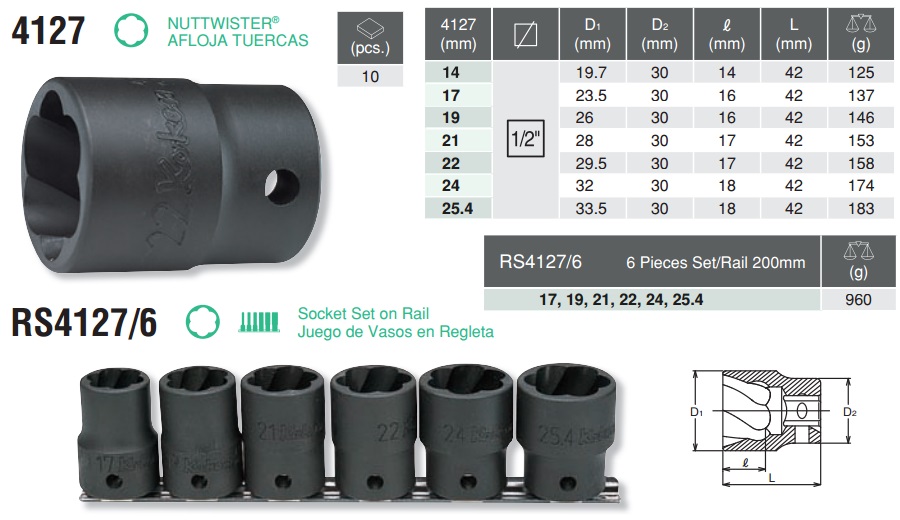 Tháo ốc mòn giác, Koken RS4127/6, Koken 4127, bộ tháo ốc mòn,