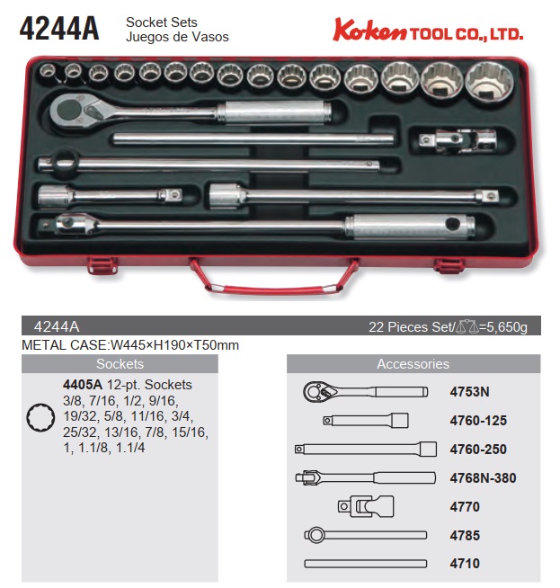 Bộ khẩu hệ inch, Koken 4244A, bộ tuýp 1/2 inch hệ inch, 4244A