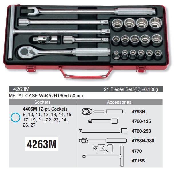 Bộ tuýp 12.7mm Koken, Koken 4263M, bộ tuýp 1/2 inch 21 chi tiết,