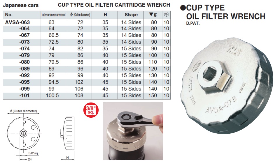 Bát tháo cốc lọc dầu AVSA, bát tháo cốc lọc dầu từ 63 đến 101, AVSA-063, AVSA-074