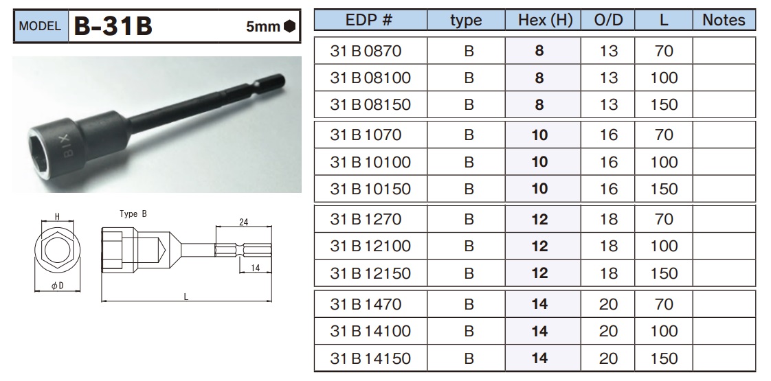 Đầu bit vặn ốc, đuôi lục giác 5mm, B-31B, dùng với súng vặn vít