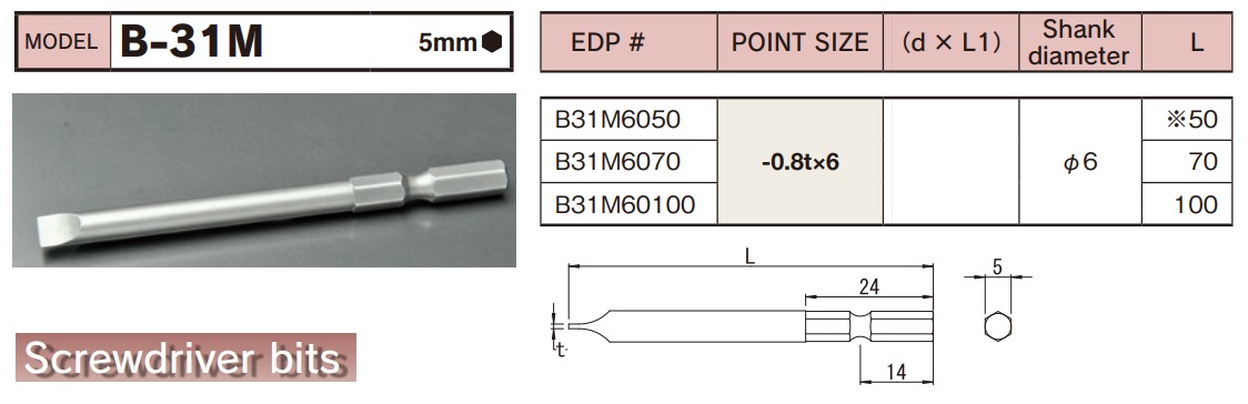 Đầu bits 2 cạnh, BiX B-31M, thanh vặn vít 2 cạnh, đầu bits thân lục giác 5mm