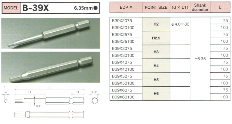 Bits mũi lục giác 6.35mm, đầu bits lục giác từ cỡ H2 đến H6, BiX B-39X, bits B-39X