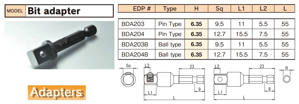 Đầu chuyển, dùng súng vặn vít, lắp đầu khẩu, BiX BDA203, BiX BDA204