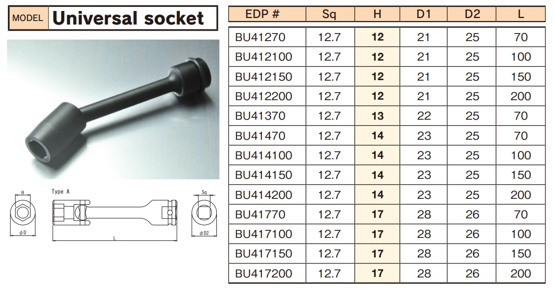 Đầu khẩu dài, súng vặn ốc 1/2, đầu khẩu lắc léo, cỡ 12 đến 17mm, chiều dài 70 đến 200mm