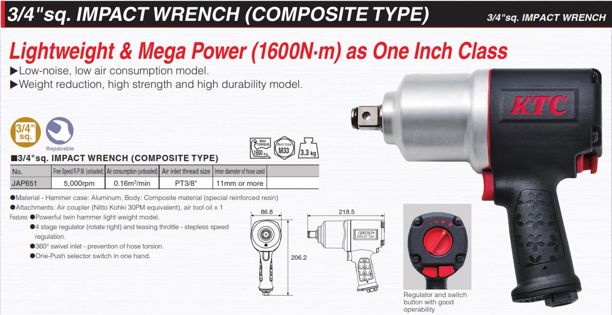 Dụng cụ vặn ốc 3/4 inch, KTC JAP651, súng vặn ốc với moment đến 1600Nm