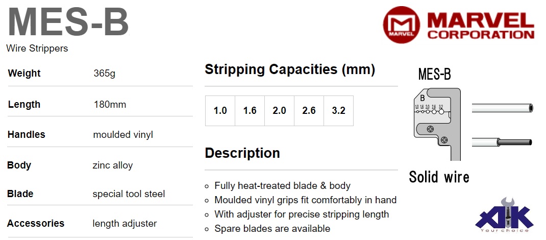 Kìm tuốt dây Marvel Nhật, Marvel MES-B, kìm tuốt dây tiêu chuẩn JIS, tuốt dây đến 3.2mm