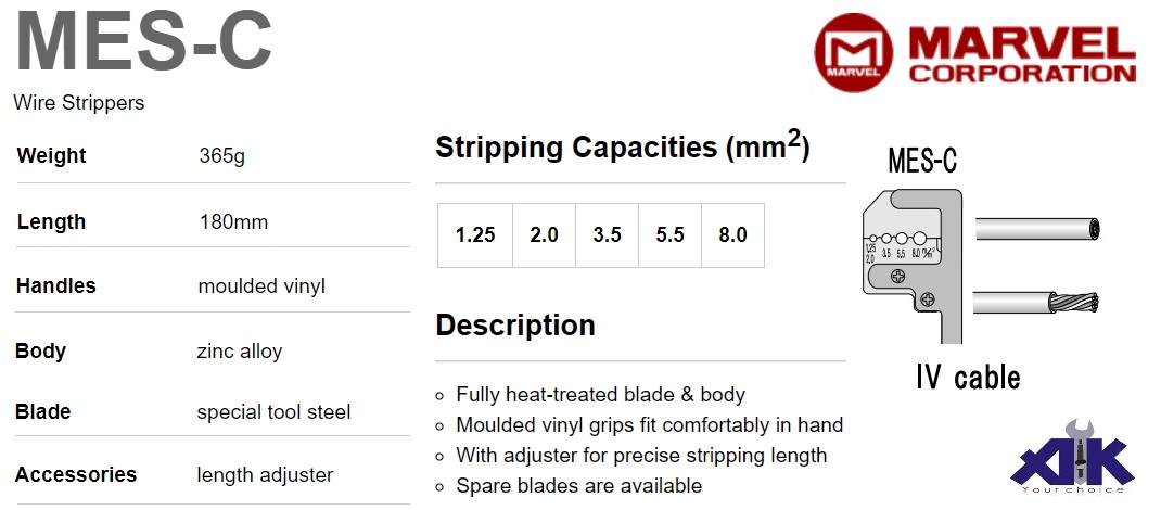 Kìm tuốt dây Marvel Nhật, Marvel MES-C, tuốt dây đến 1.25-8mm2