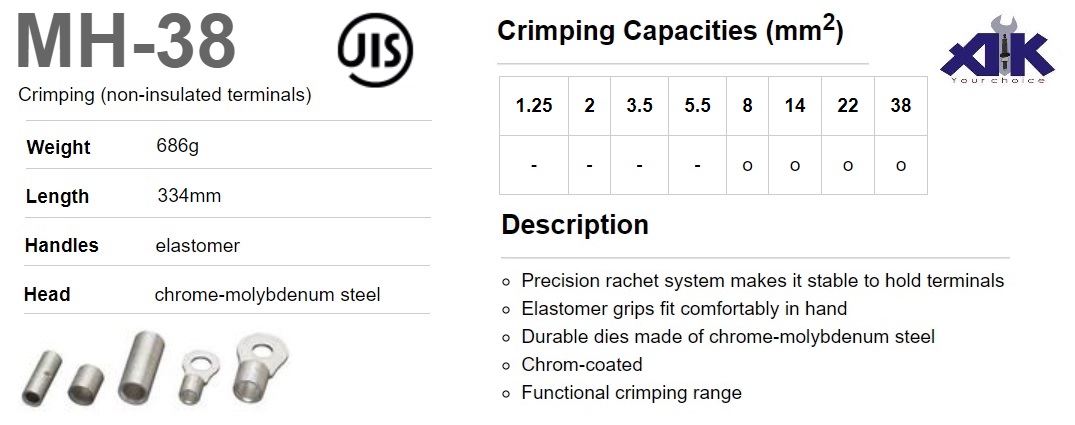 Kìm bấm cos MH-38, kìm bấm cos tròn, kìm bấm đầu cos, bấm cos 8-38mm2