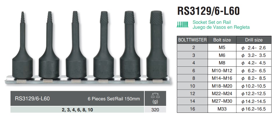 Bộ tháo bu lông gãy, Koken RS3129/6-L60, Koken 3129-L60, tháo bu lông gãy