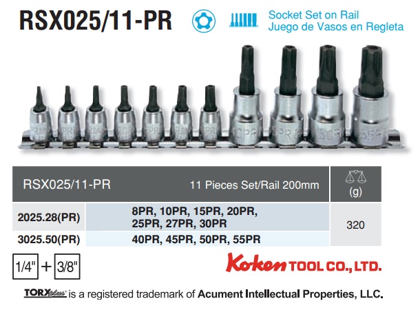 Bộ sao 5 cạnh, Koken RSX025/11-PR, bộ đầu sao 5 cạnh cỡ 8PR đến 55PR